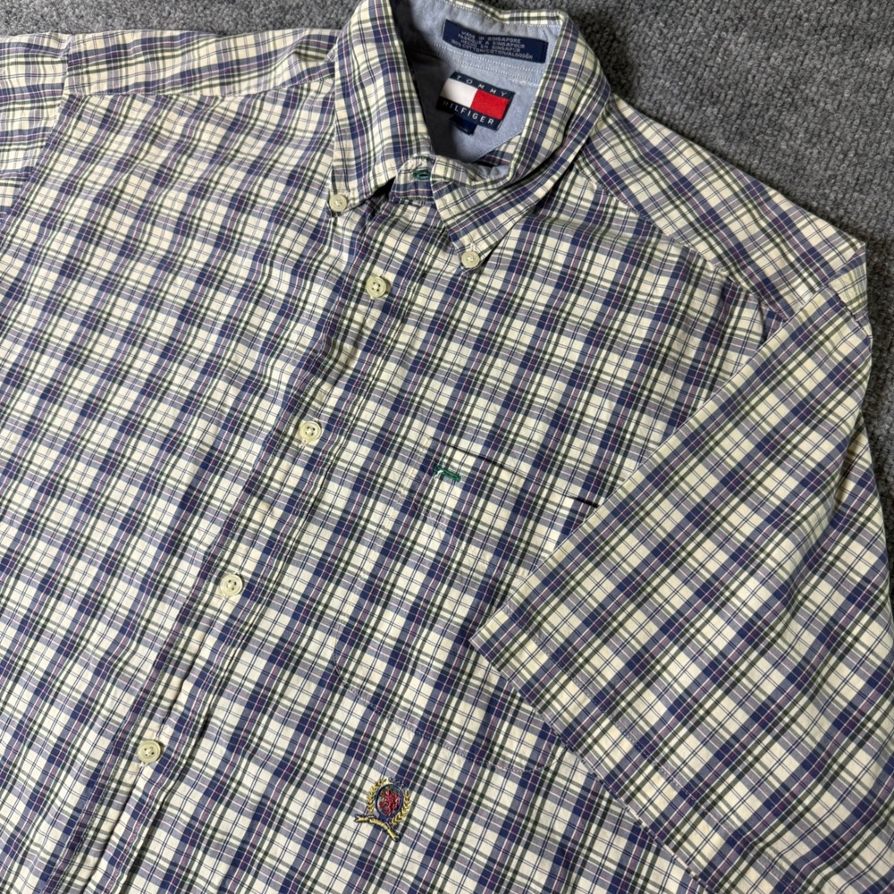 Tommy Hilfiger Plaid Crest Button‎ Down Shirt Short Sleeve Mens Size M Medium